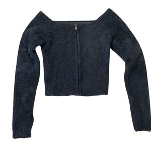 Edikted Fuzzy Eyelash Knit Zip Front Cropped Cardigan Gray XS Coquette Grunge